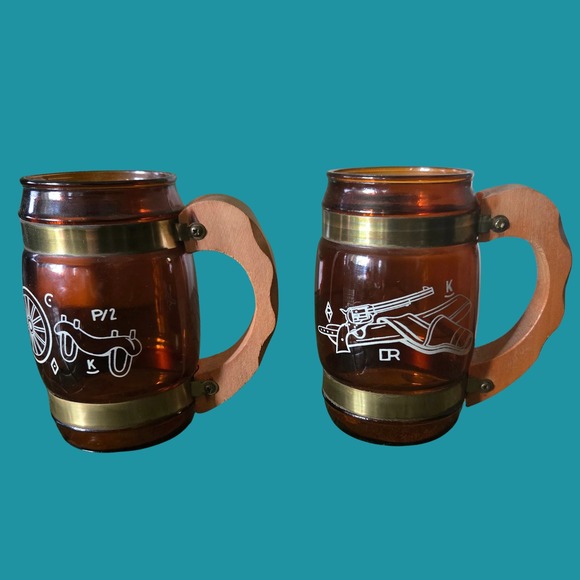 Siesta Ware Other - Vintage Siesta Ware Amber Glass Western Mugs Wood Handle Set of 2 Wagon Revolver